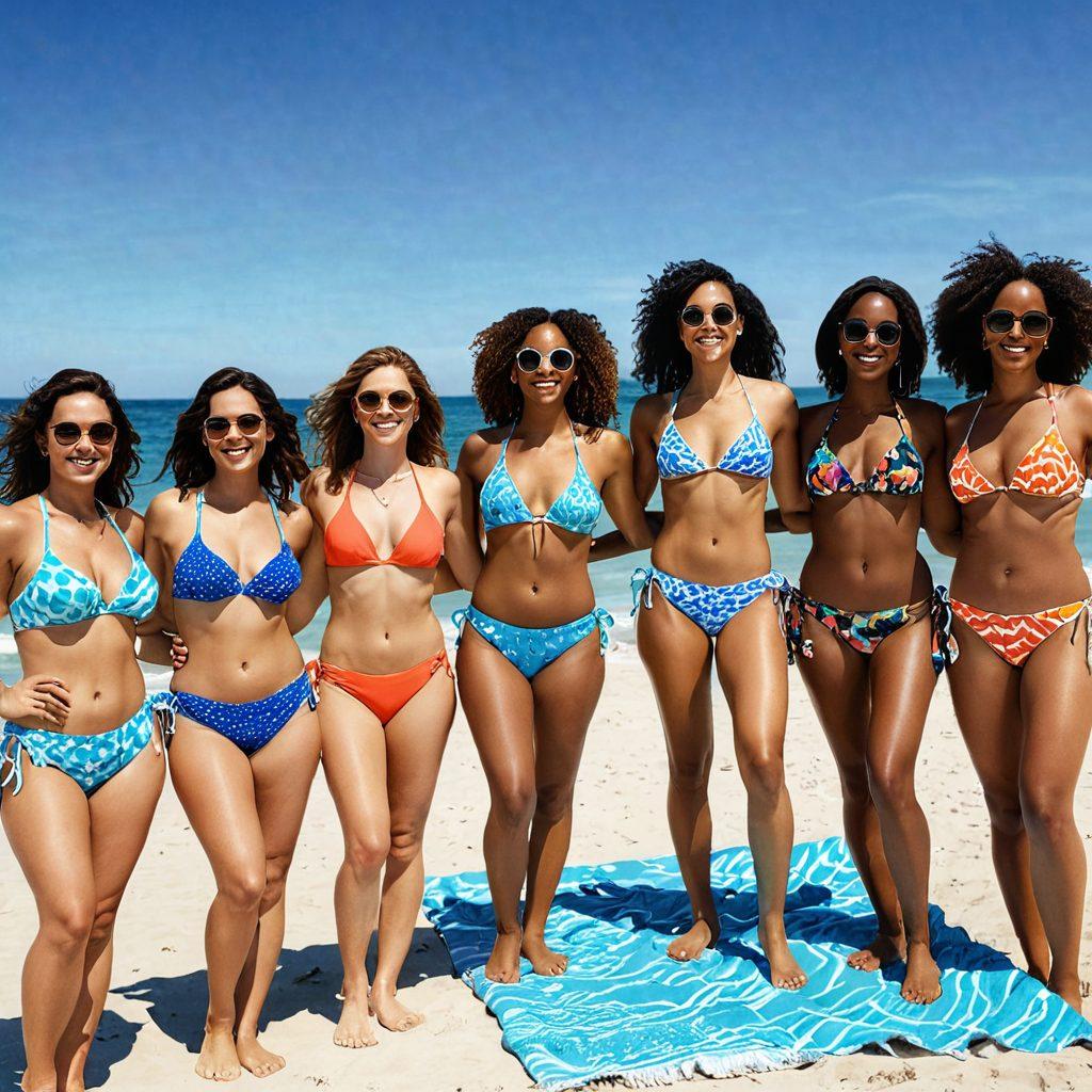 A diverse group of women with different body types confidently showcasing vibrant bikini styles on a sunny beach, with smiles and playful poses. The background features a clear blue sky and gentle waves to enhance the summer vibe. Include colorful beach accessories like towels and sunglasses. super-realistic. vibrant colors. 3D.